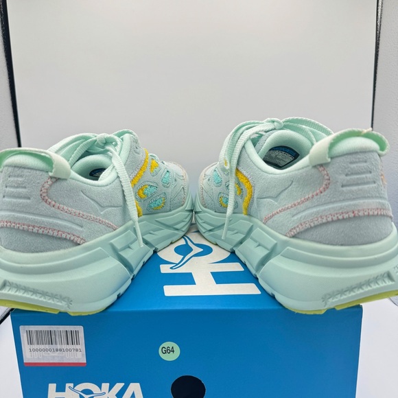 NWT Hoka Clifton Leather Embroidery UNISEX Shoes blue glass radiant yellow NEW - Picture 11 of 16